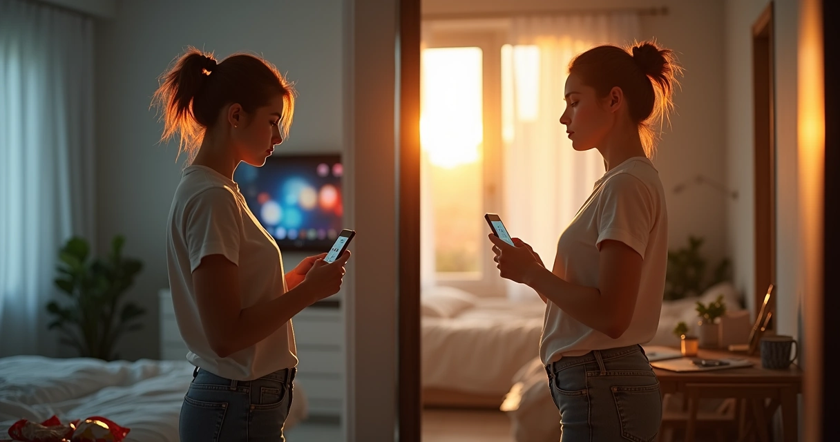 Persona reflexionando frente al espejo dividida entre hábitos inconscientes y crecimiento consciente 