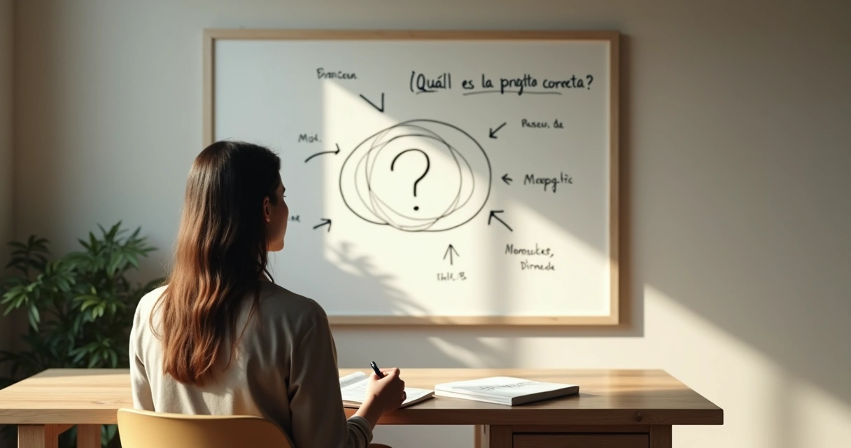 Persona reflexionando frente a una pizarra con una gran pregunta en el centro 