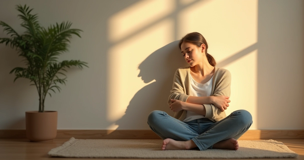 Persona sentada abrazándose a sí misma con expresión serena junto a su silueta en sombra 