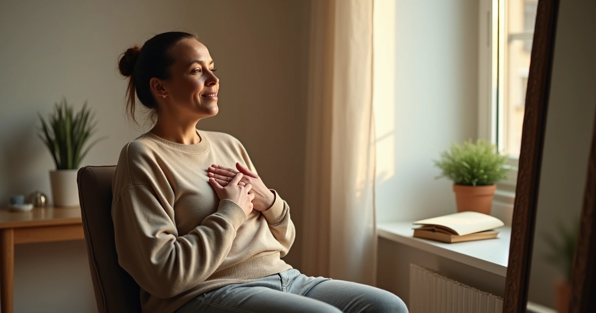 Persona sentada frente a un espejo tocándose el corazón con suavidad 