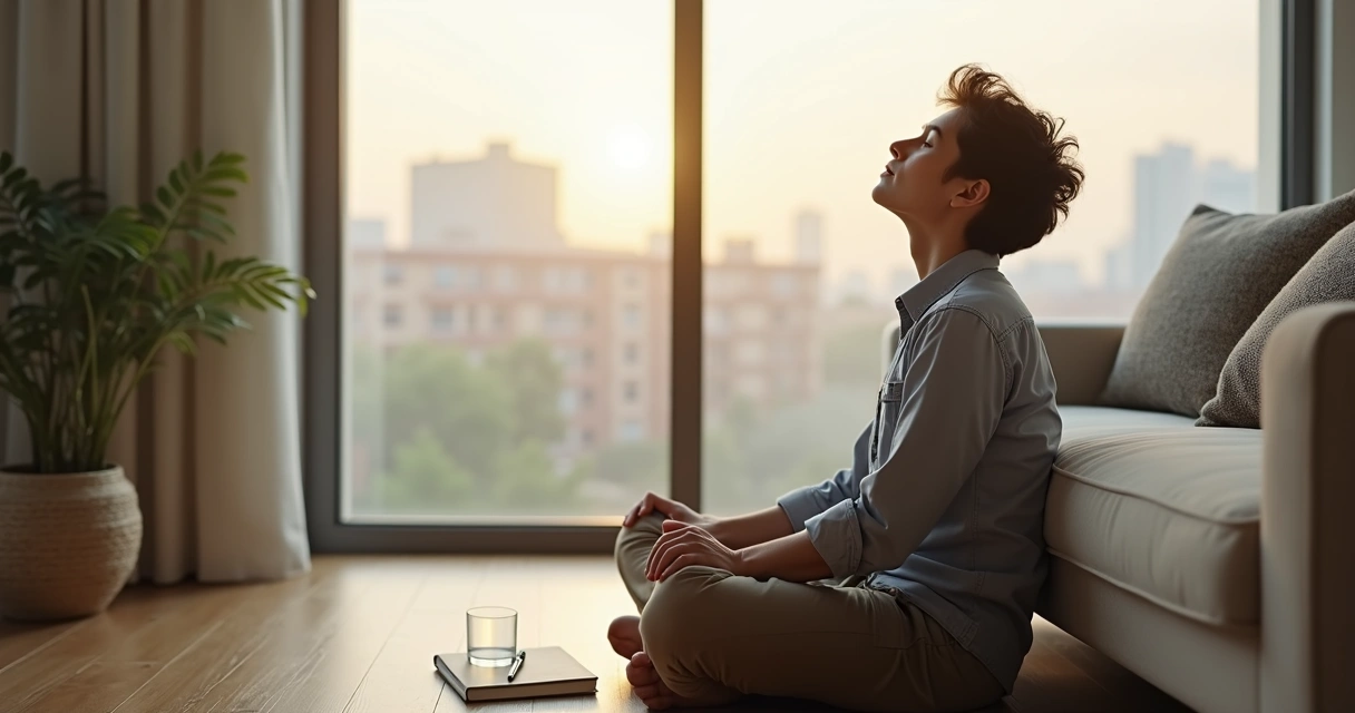 Persona sentada junto a una ventana practicando autoregulación emocional con gesto sereno 