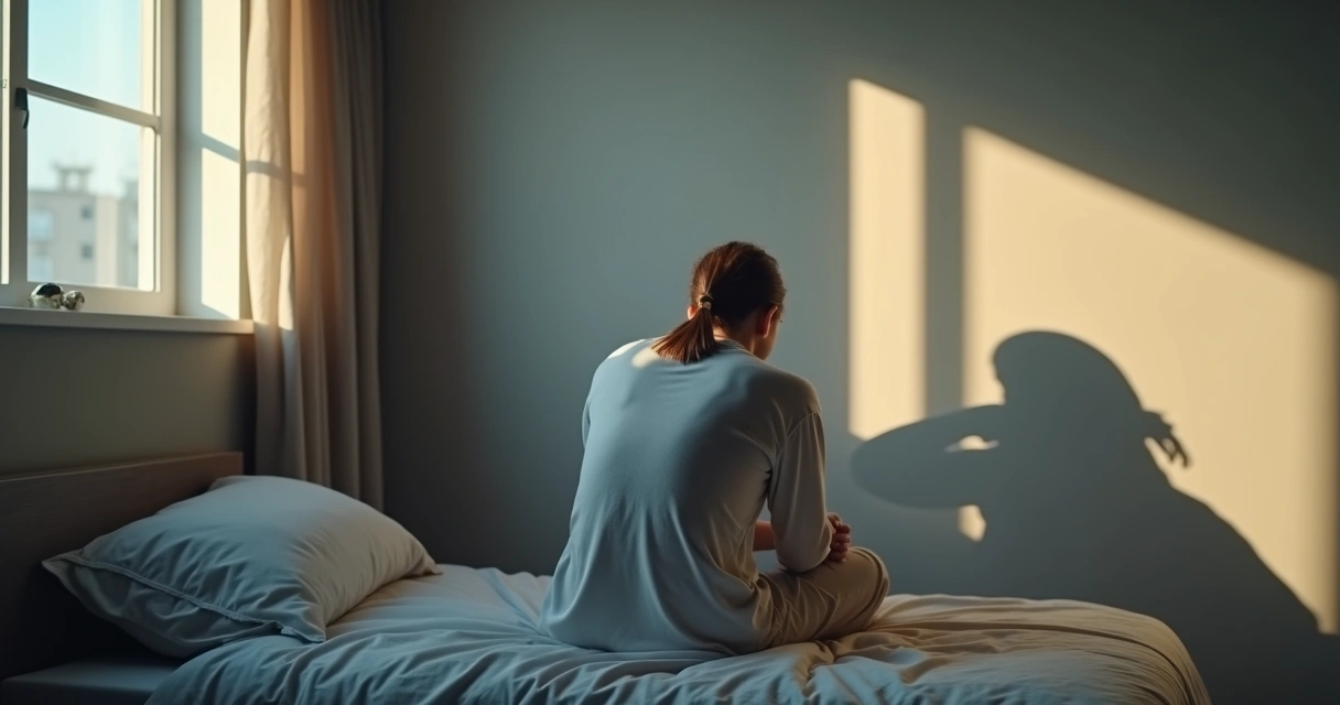 Persona sentada con su sombra criticándolo en una pared gris 