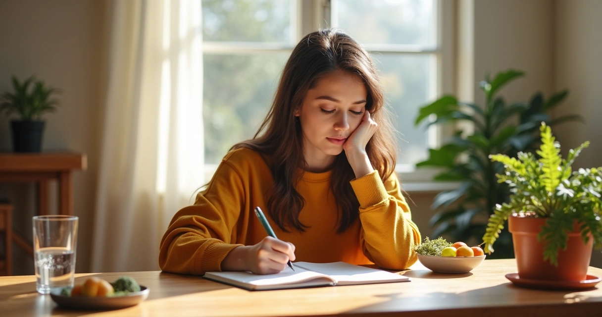 Persona revisando agenda de autocuidado con elementos de bienestar 