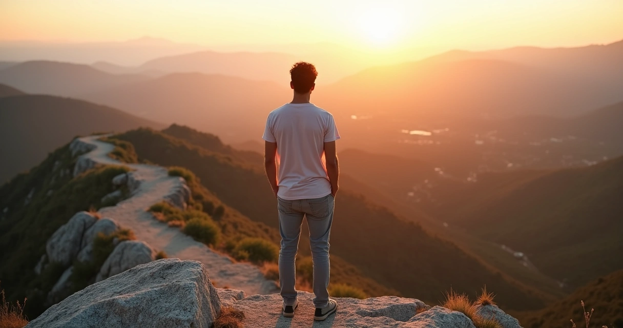 Persona en la cima de una montaña eligiendo su propio camino 