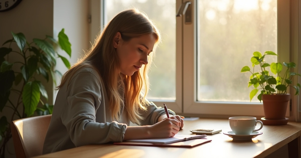 Persona sentada en un escritorio haciendo una autoevaluación matutina en un cuaderno. 