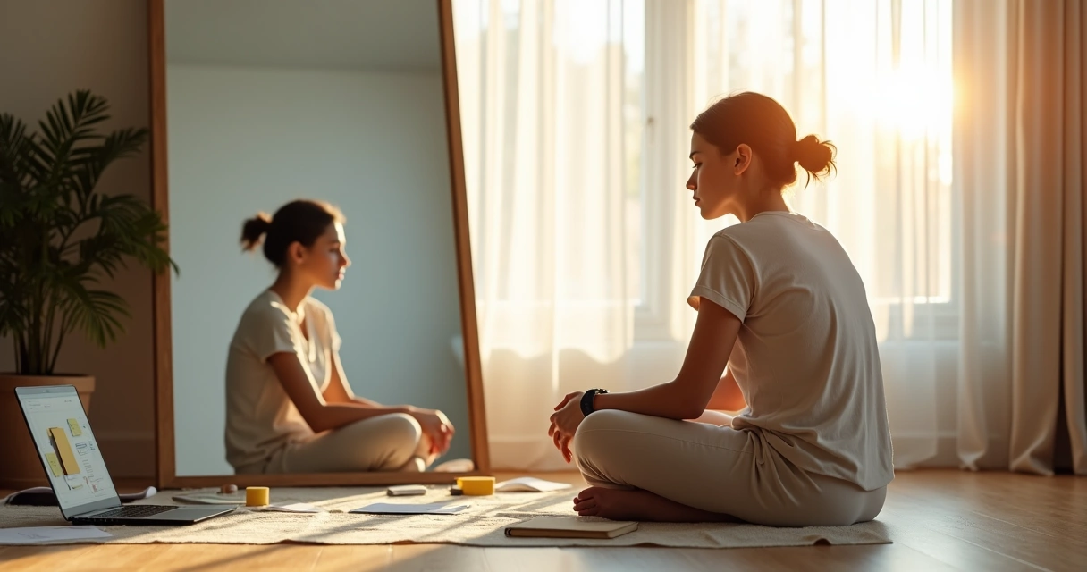 Persona reflexionando frente a un espejo dividida entre autoexigencia y calma interior 