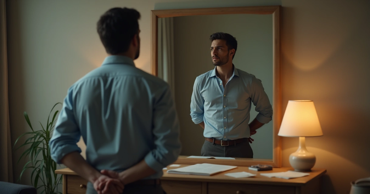 Hombre frente al espejo justificando su acción mentalmente