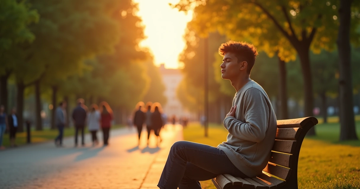 Persona relajada sentada sola en un banco del parque al atardecer 