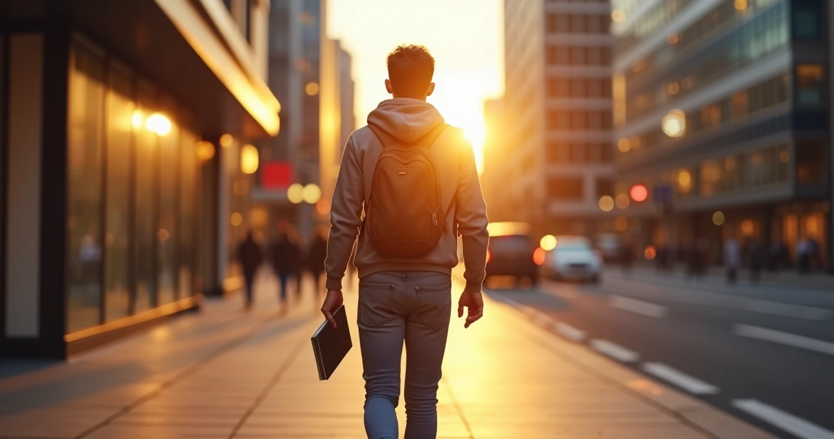 Persona caminando sola por la ciudad con libreta en la mano al amanecer 