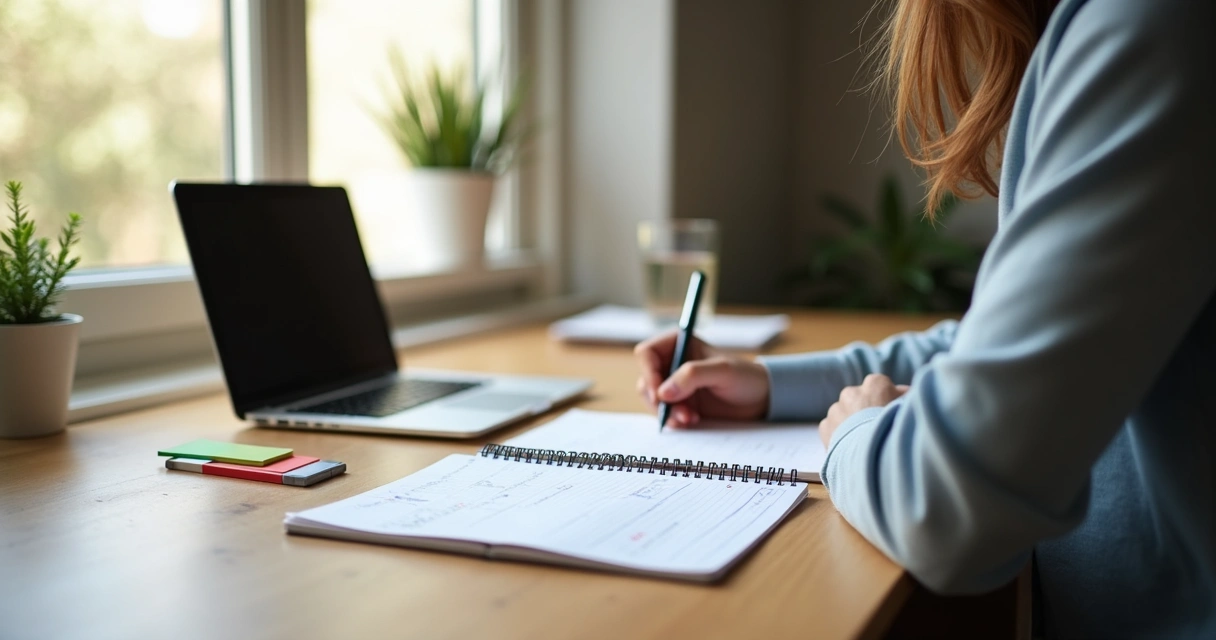 Persona sentada en un escritorio organizando su semana con calma y enfoque 