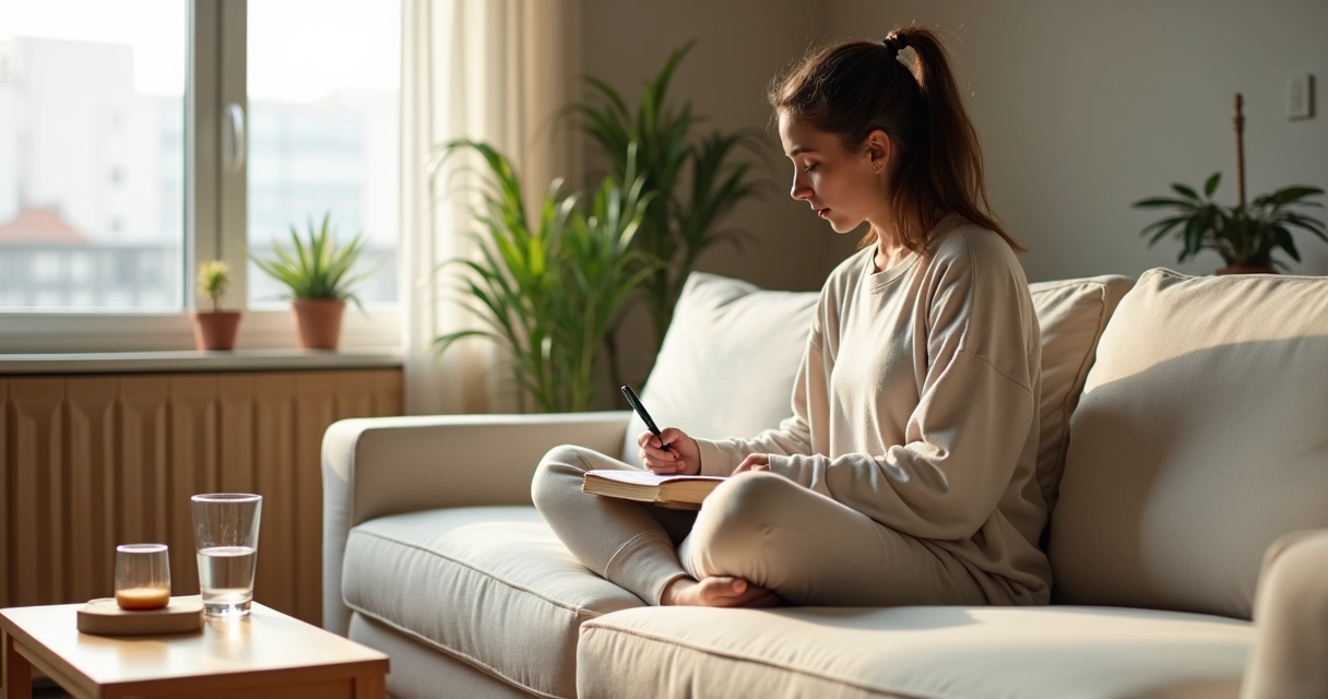 Persona sentada junto a una ventana escribiendo su autoobservación diaria en una libreta 