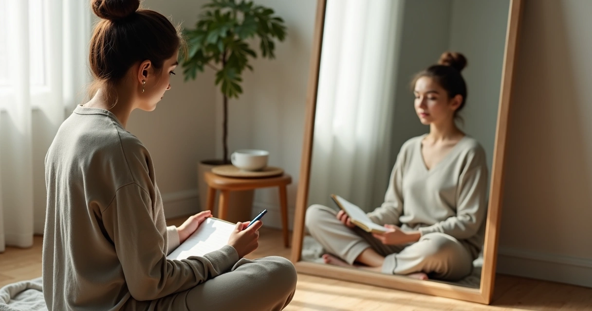 Persona sentada frente a un espejo tomando notas de su autoobservación diaria 