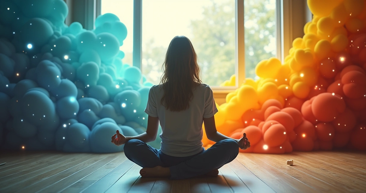 Persona sentada en postura meditativa observando emociones representadas con colores