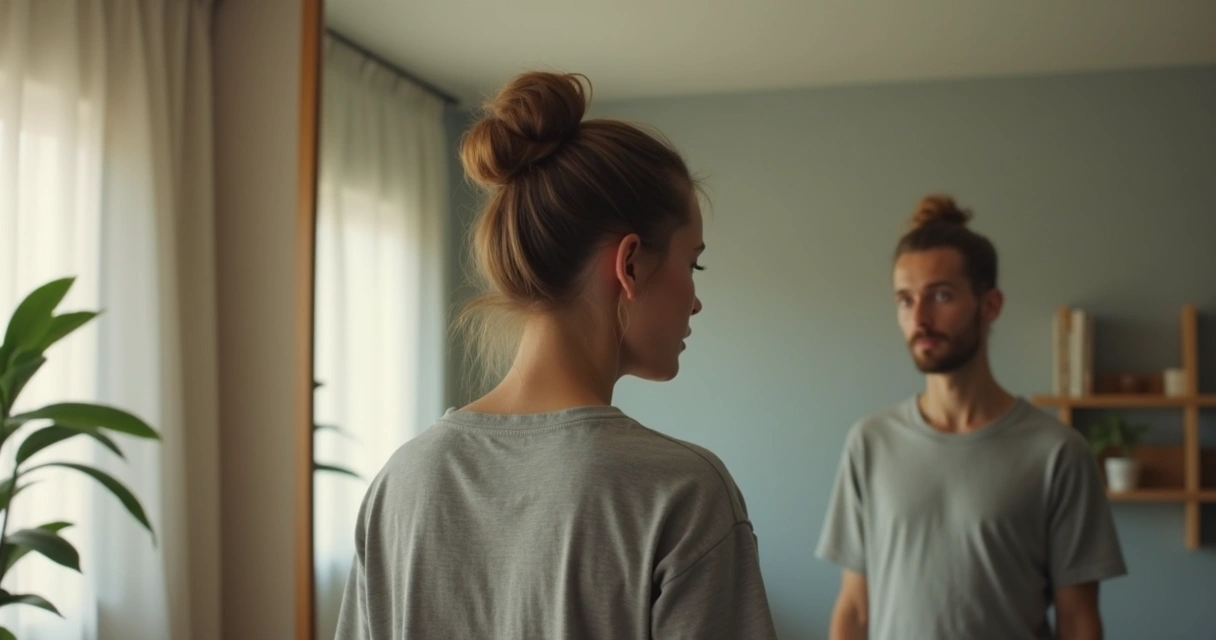 Persona frente al espejo con reflejo dividido entre calma y bloqueo interno 