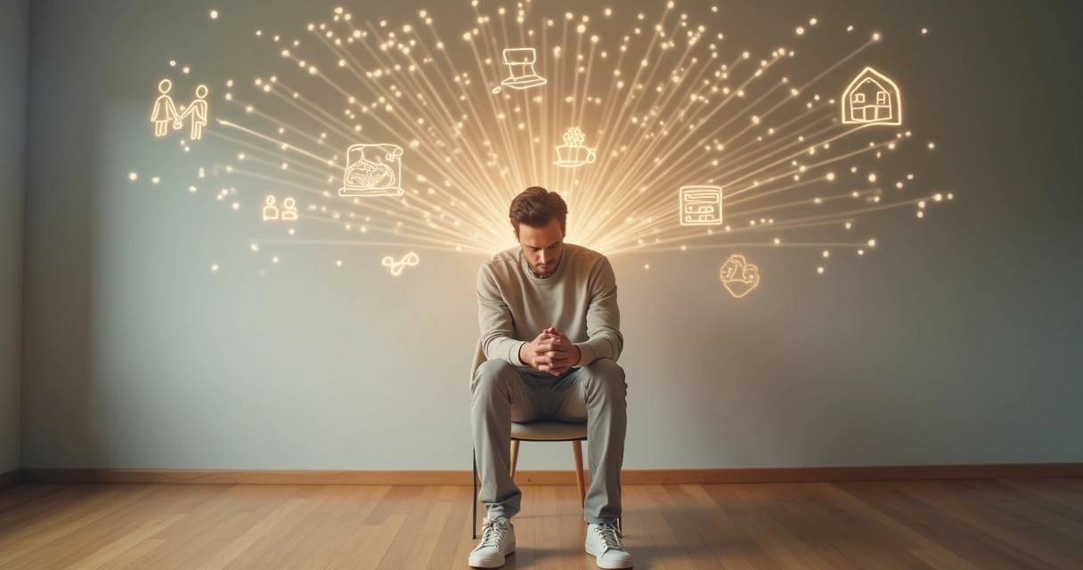 Persona pensativa rodeada de hilos que conectan diferentes áreas de su vida 