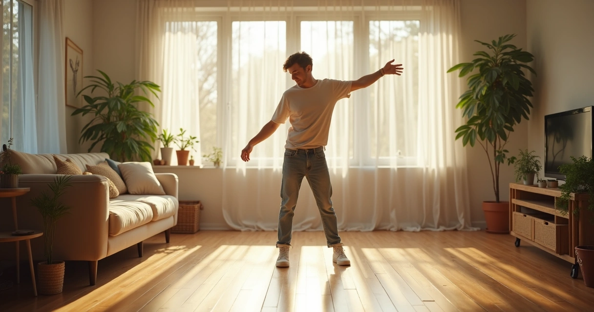 Persona bailando con luz natural en una sala de casa 