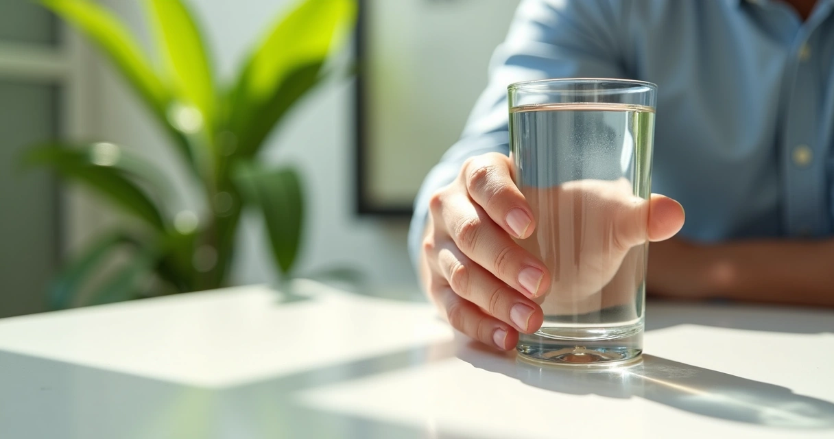 Mano masculina sosteniendo vaso de agua transparente en mesa blanca 