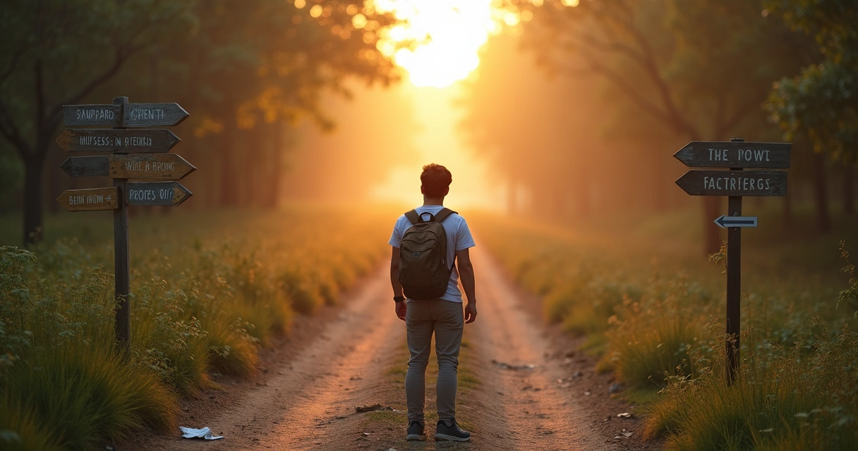 Persona en una bifurcación de caminos reflexionando sobre su propósito personal 