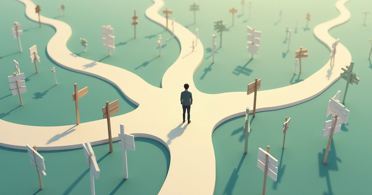 Pessoa indecisa diante de múltiplos caminhos ilustrados. 