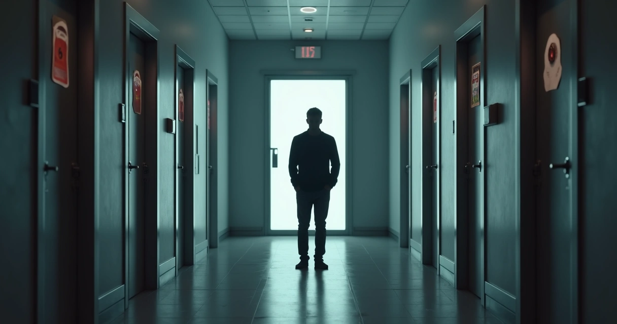 Persona de pie ante varias puertas cerradas en un pasillo 