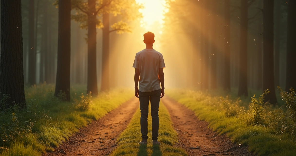 Persona de espaldas en un sendero de bosque ante varios caminos que simbolizan decisiones de vida 