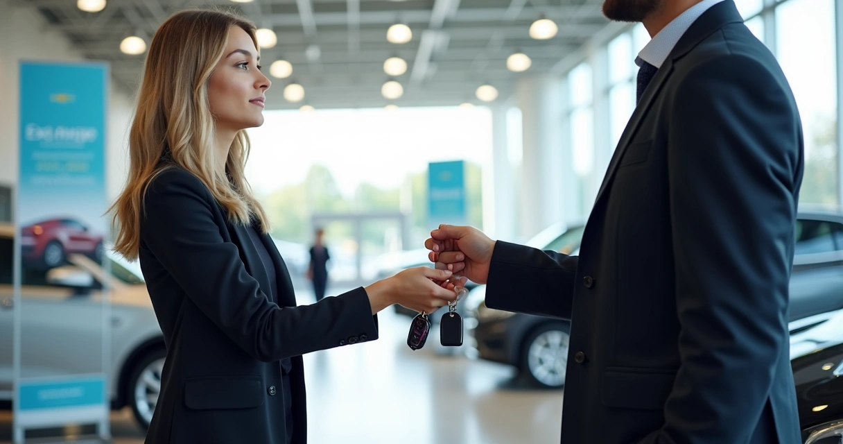 Persona entregando llaves de un auto y recibiendo las de otro auto en una agencia 