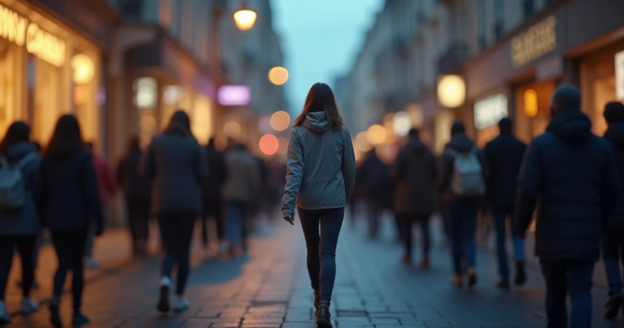 Persona caminando contraria a una multitud borrosa en una calle iluminada 