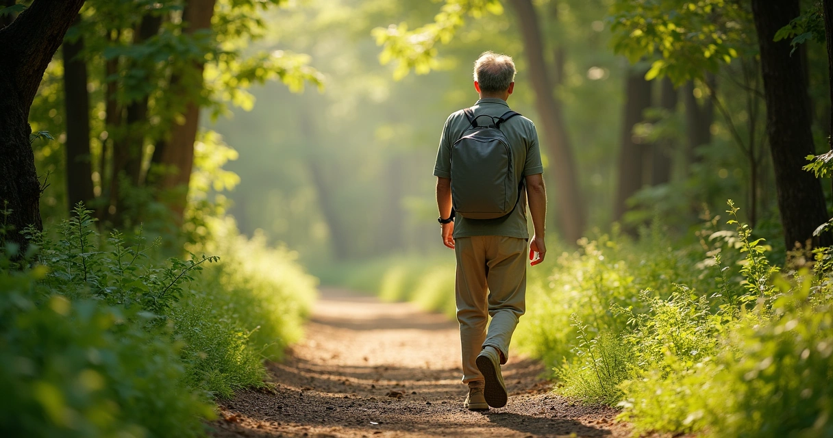 Persona adulta caminando erguida por un sendero en la naturaleza