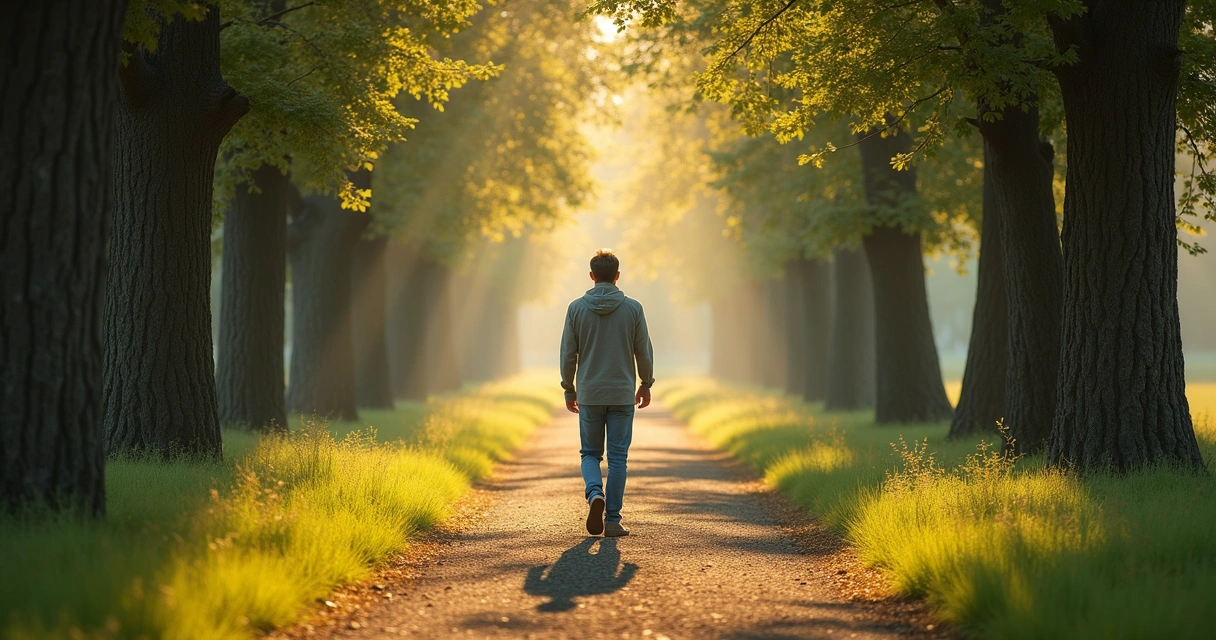Persona caminando lentamente por sendero natural, rodeada de árboles 