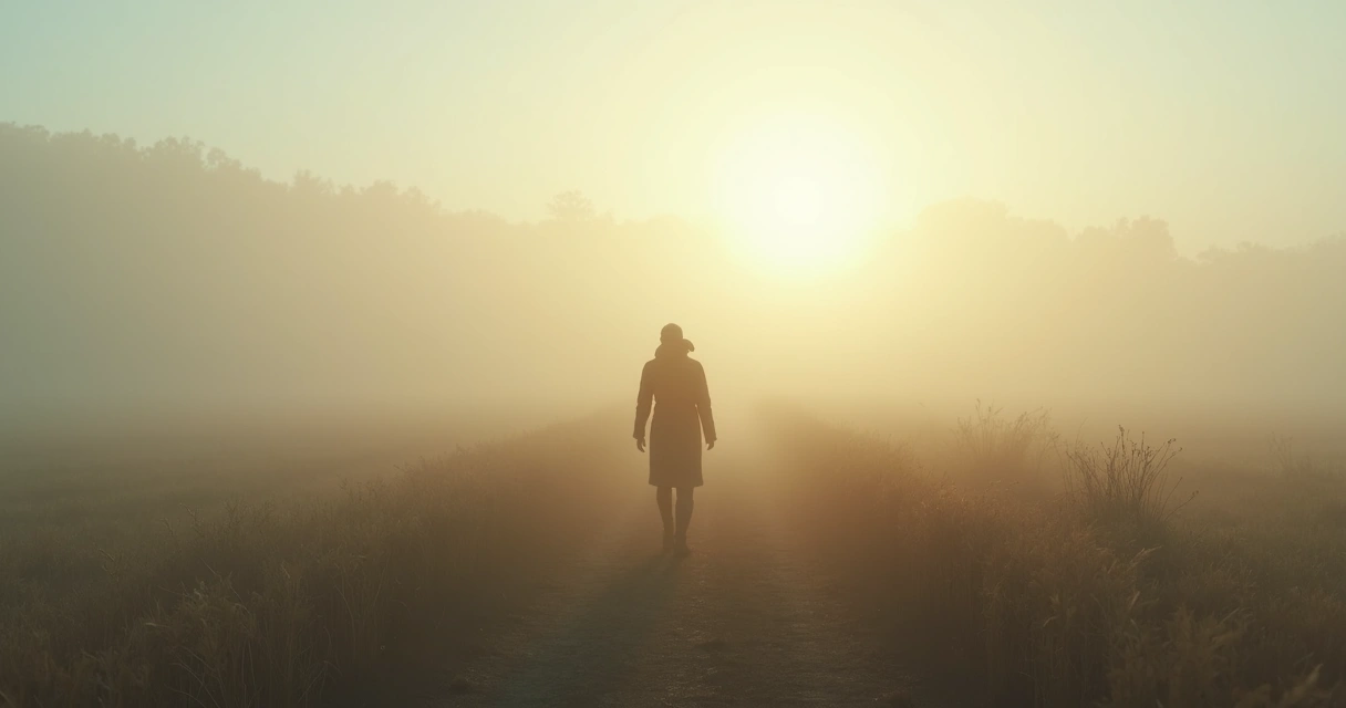 Persona caminando sola entre la niebla matinal en un campo abierto 