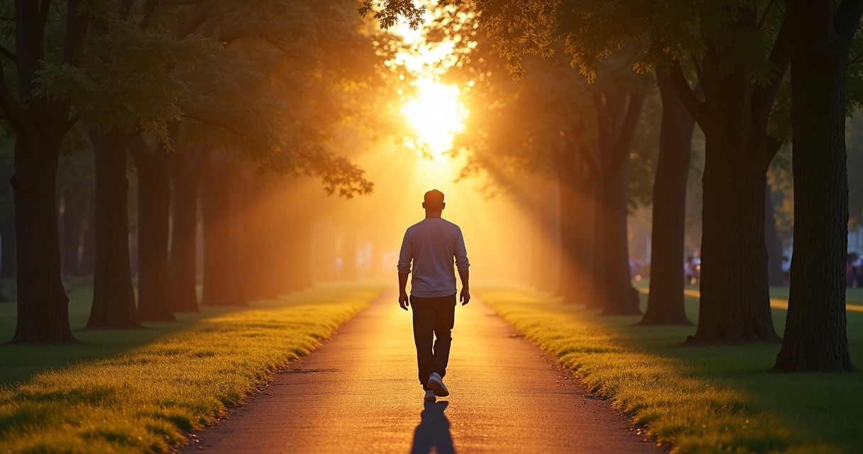 Persona camina despacio por un parque en el amanecer, rodeada de árboles y luz suave. 