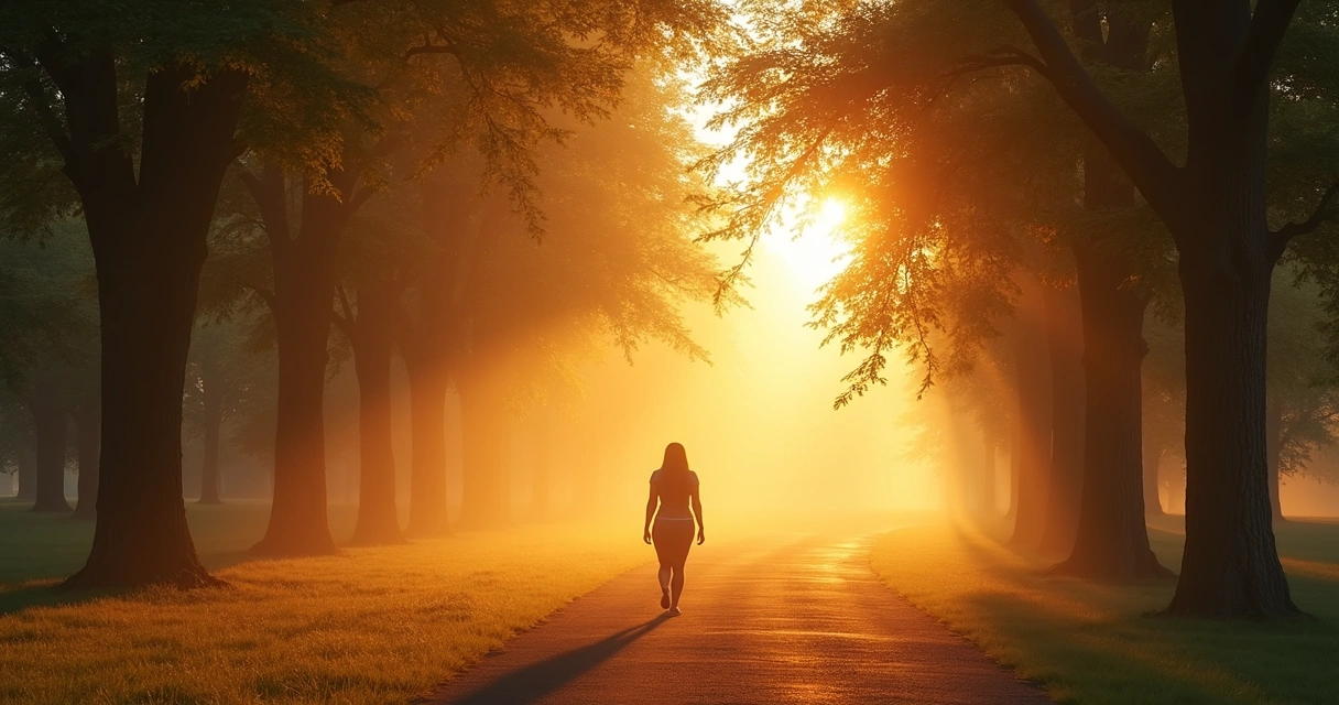 Persona caminando sola por un parque al amanecer, árboles y luz suave al fondo