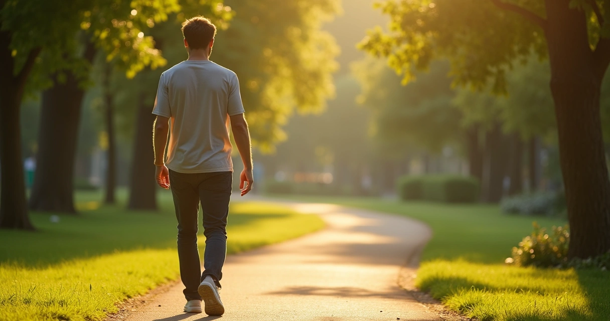 Persona caminando relajada por un parque arbolado al atardecer