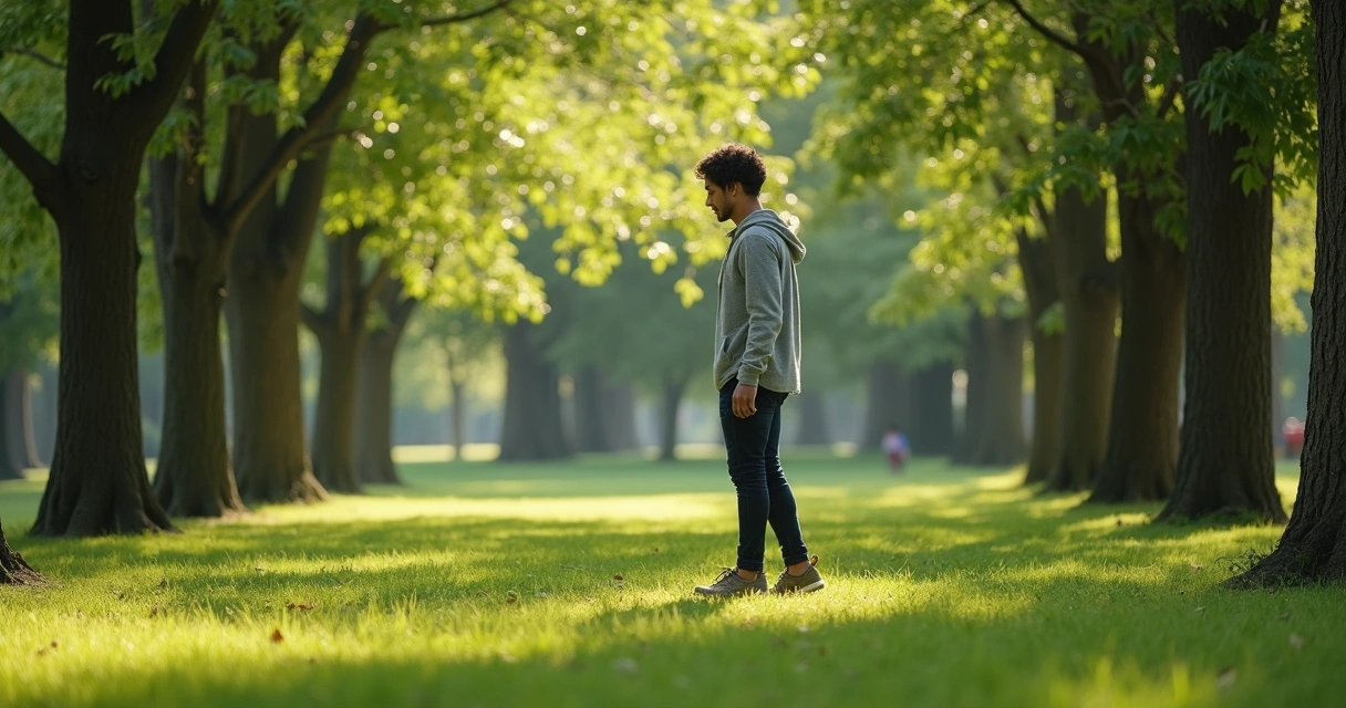 Persona caminando en un parque rodeada de árboles 