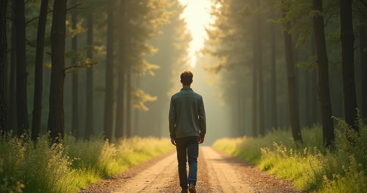 Persona adulta caminando sola al aire libre, respirando profundamente, rodeada de naturaleza. 