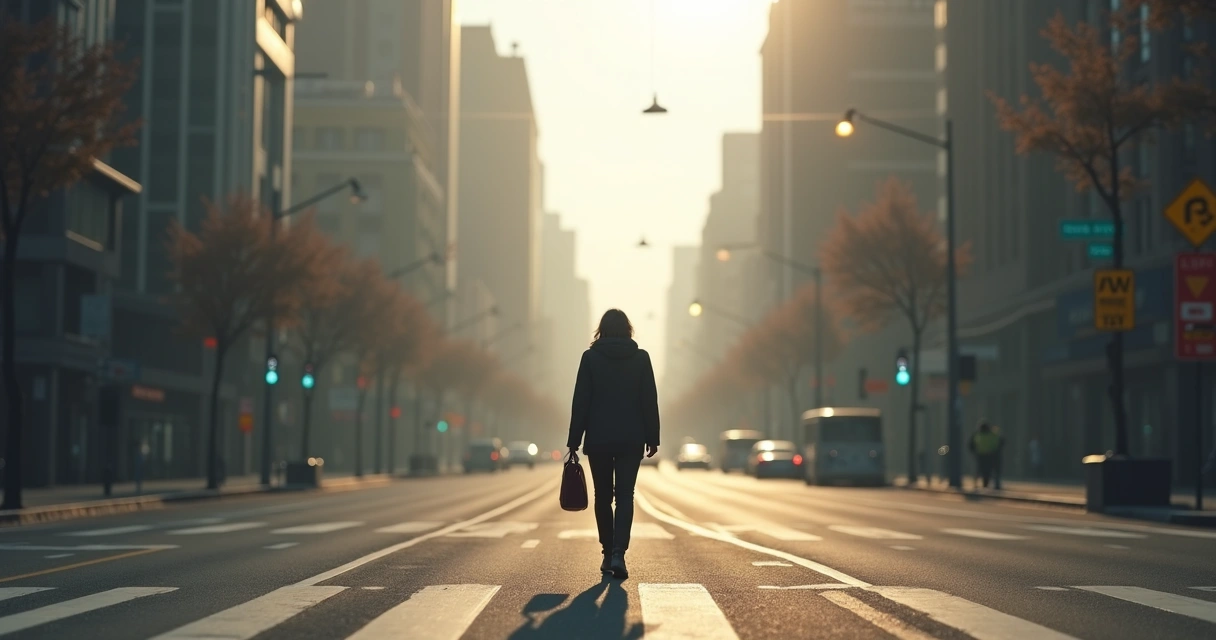 Persona caminando sola sobre un paso peatonal urbano vacío, rodeado de señales de tránsito borrosas y sin destino claro. 