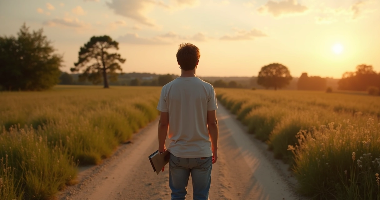 Persona eligiendo camino en una bifurcación al atardecer 