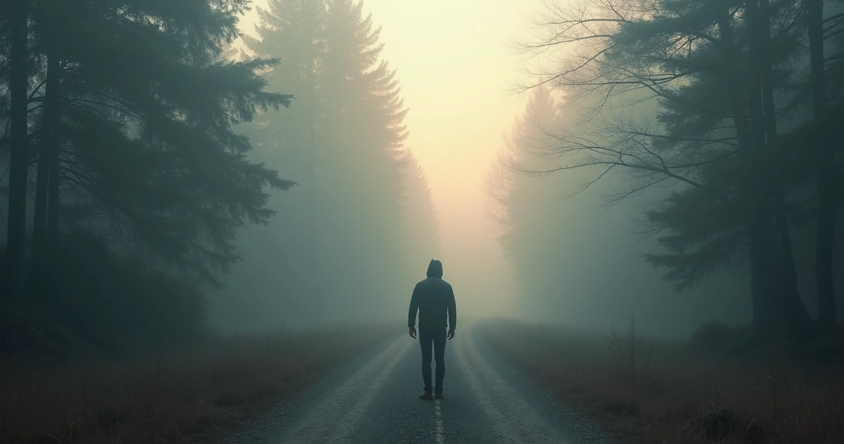 Persona frente a una bifurcación del camino en la niebla 
