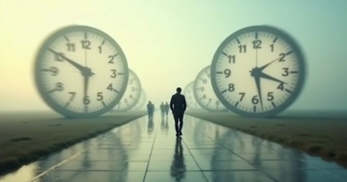 Persona caminando por un sendero difuso y unos relojes borrosos en el fondo