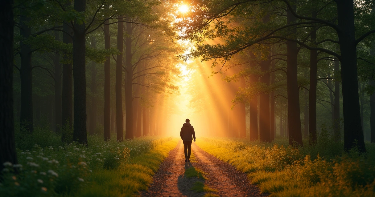 Persona camina sola por un camino en el bosque al amanecer 