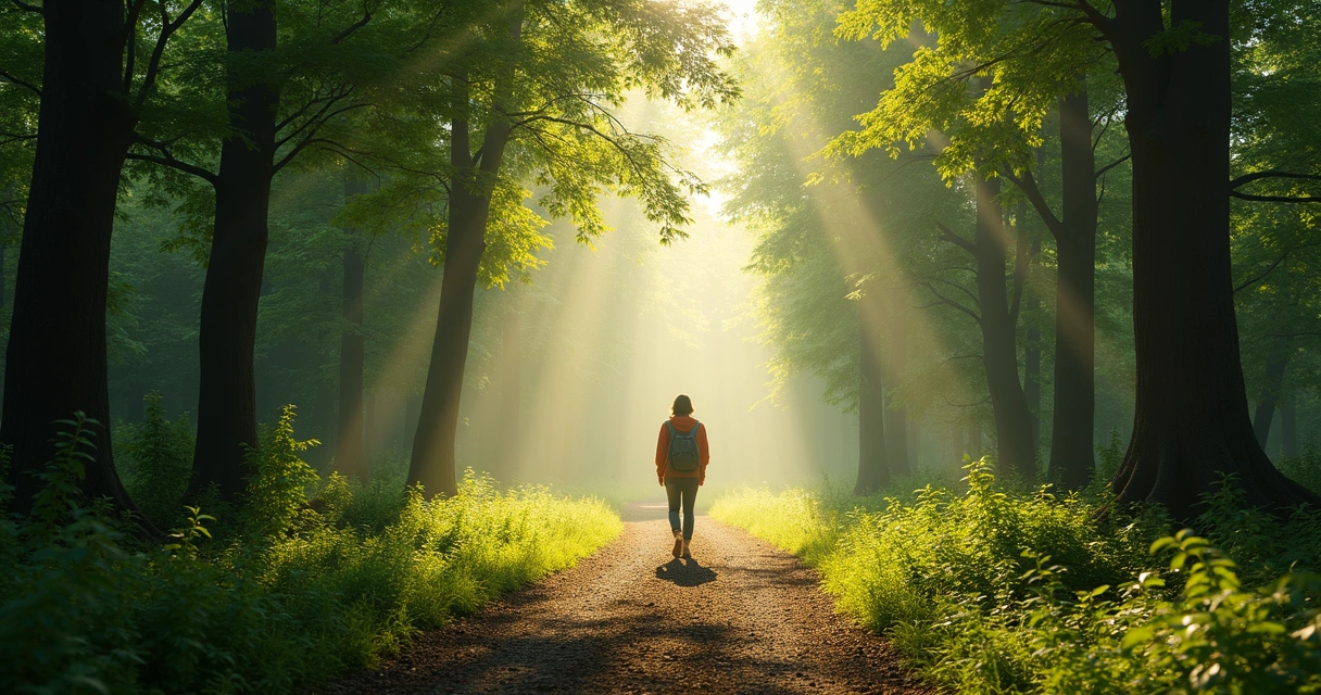 Persona caminando en un bosque iluminado por rayos de luz 