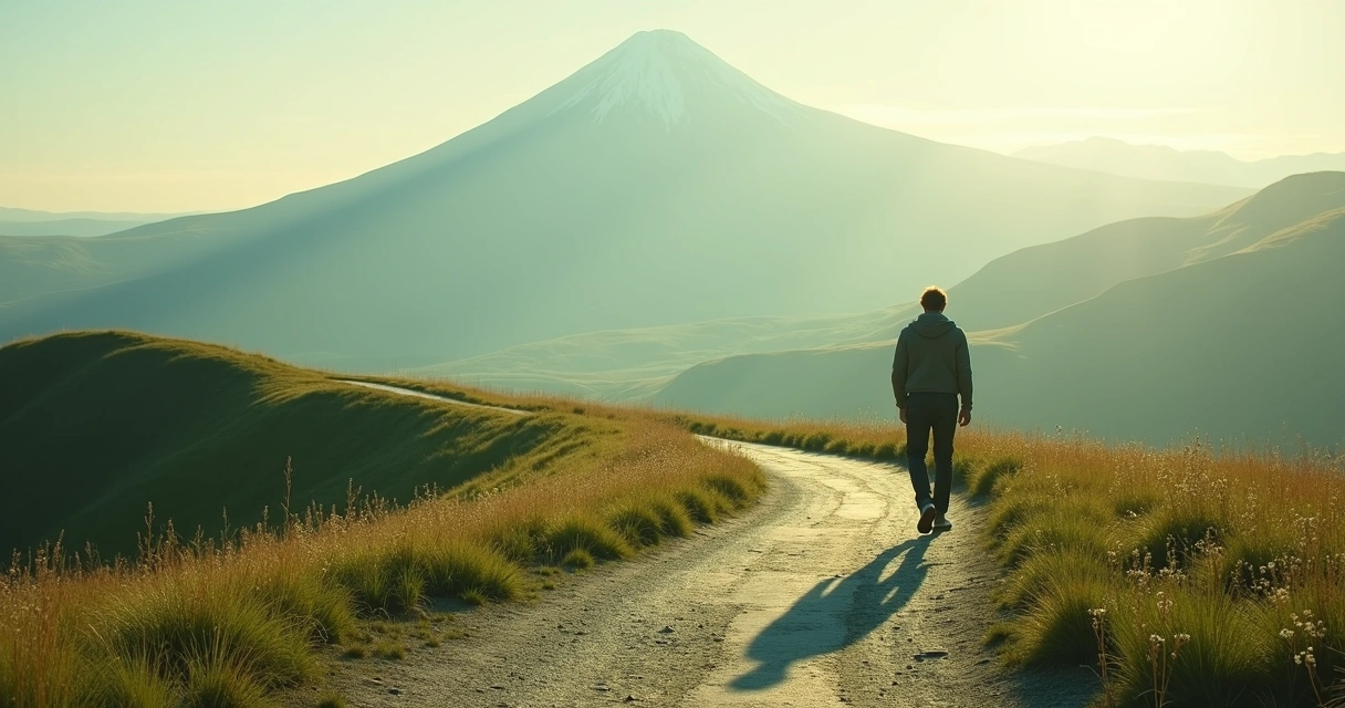 Persona caminando hacia una montaña con luz suave 