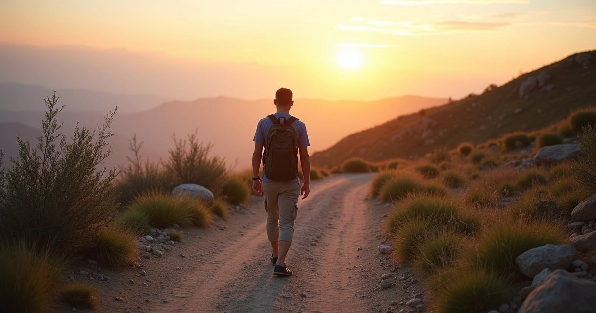 Persona caminando sola por un sendero de montaña al amanecer con el horizonte al fondo 