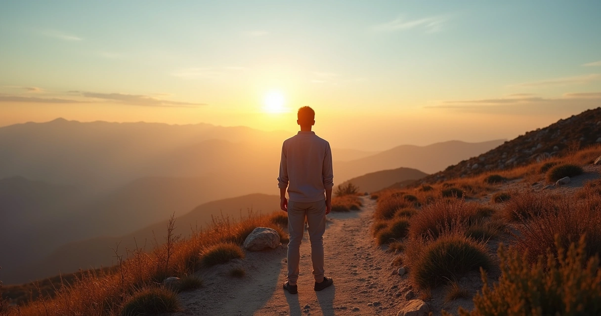 Persona sola en un sendero de montaña mirando un amanecer 
