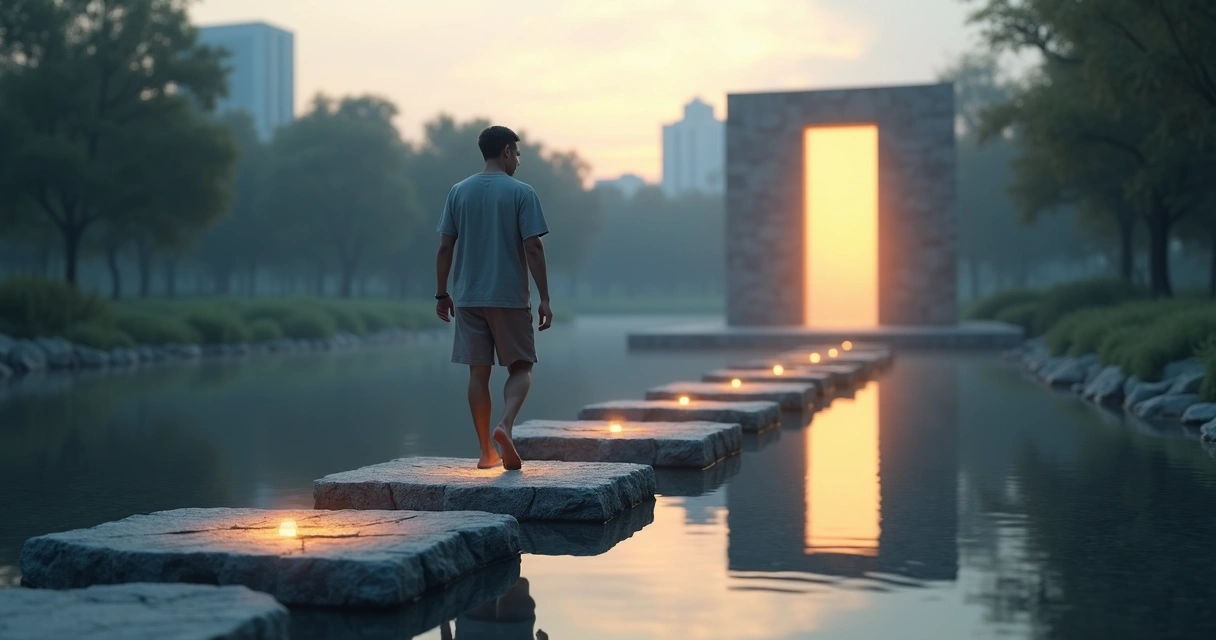 Persona caminando sobre piedras iluminadas hacia una puerta de luz 