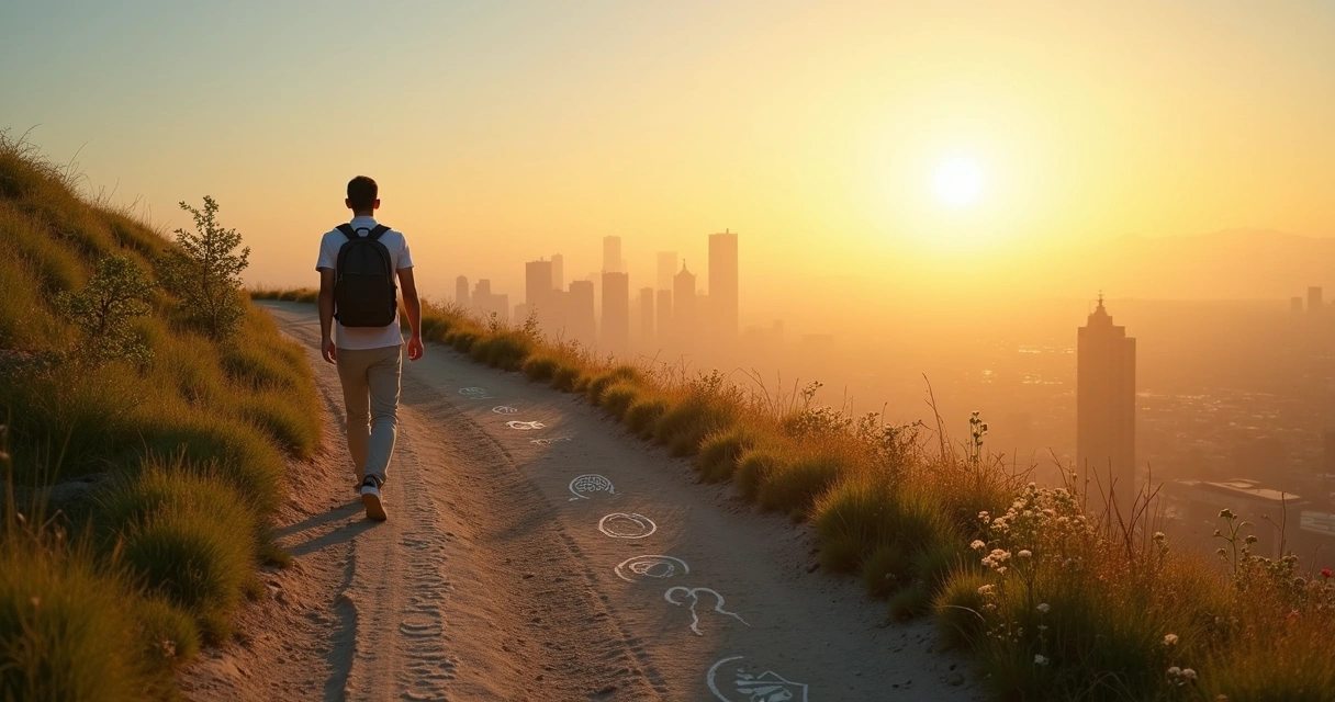 Persona caminando por un sendero hacia una ciudad al amanecer simbolizando responsabilidad consciente 