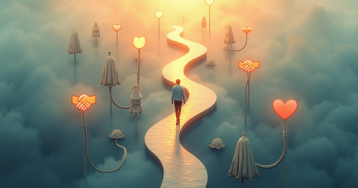 Persona caminando entre caminos abstractos que representan decisiones y valores 