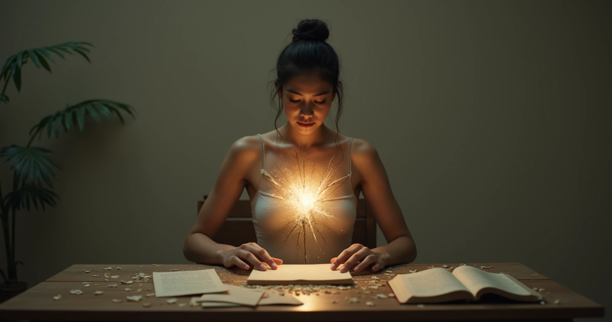 Persona rompiendo un caparazón de cristal con luz saliendo del pecho 