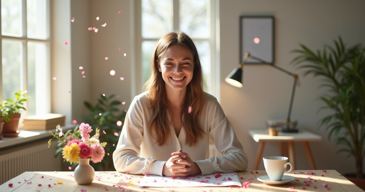 Persona celebrando logro con calma y alegría 