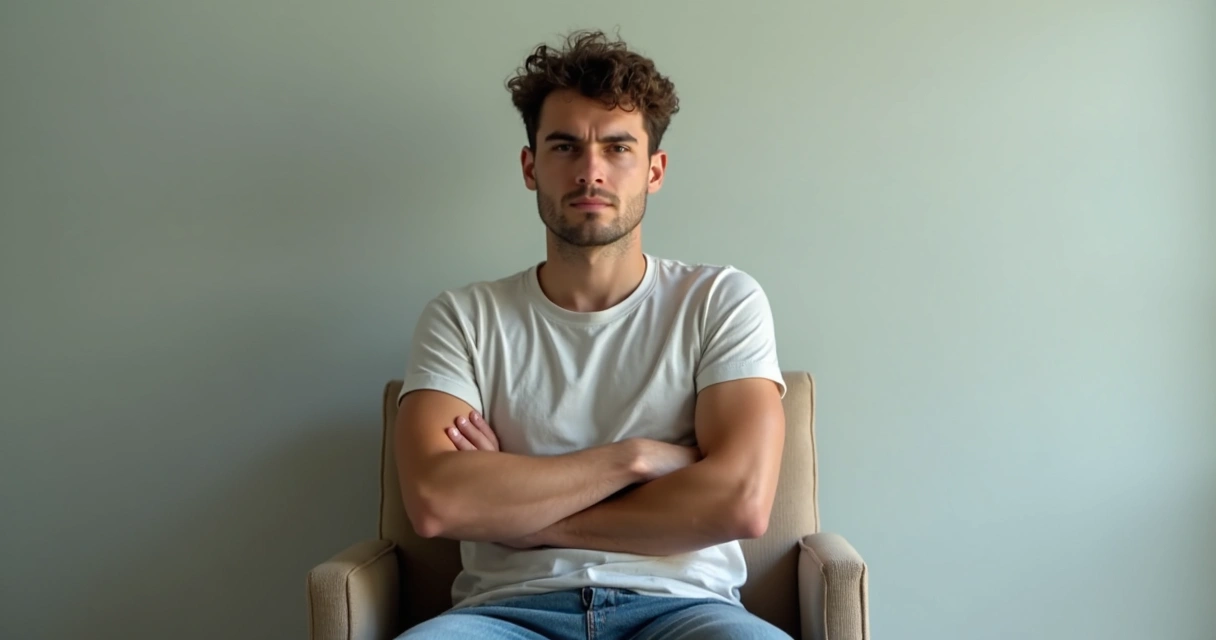 Persona con postura defensiva y expresión cerrada